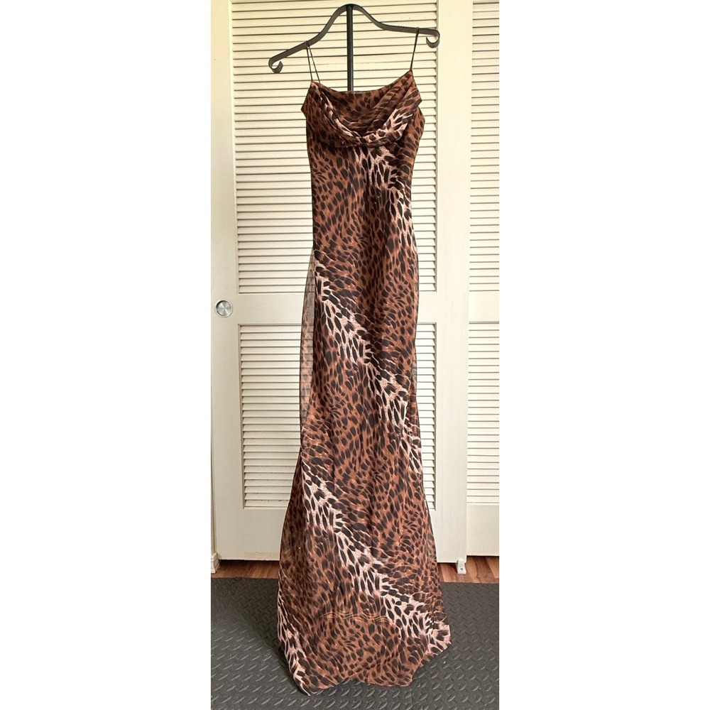 Onyx Nite Leopard Print Cowl Neck Maxi Dress Size 12 Brown Animal Print Gown